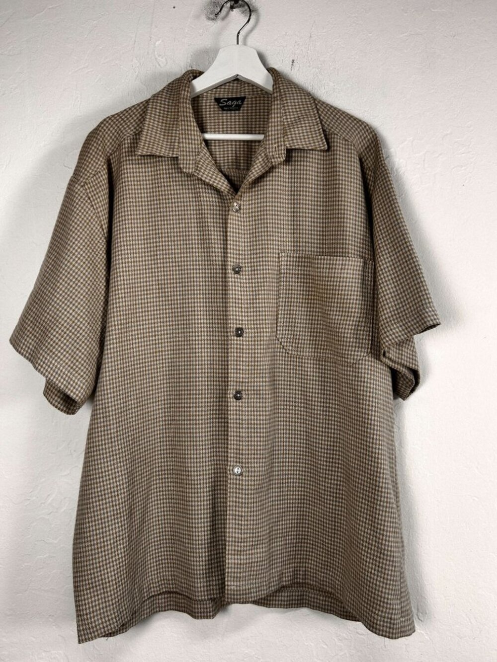 Saga Mens Brown Gingham Check Short Sleeve Button-Up Shirt Large Casual USA Made